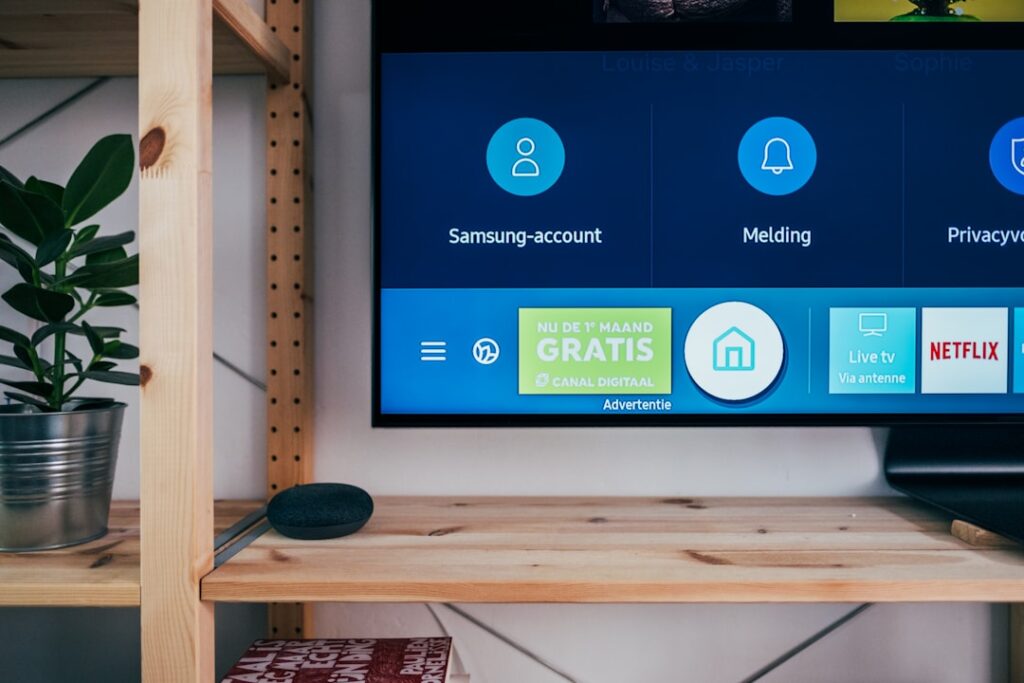A television screen displaying streaming content in a modern living room