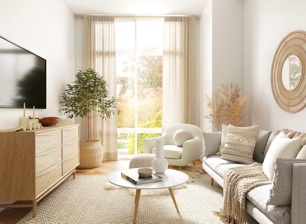 Cosy living room with soft sofa by window - spring interiors 2026