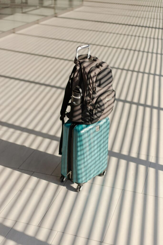 Travel luggage and backpack at an airport