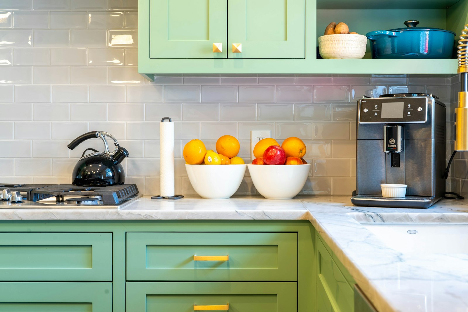 Dopamine kitchen decor featuring green cabinets and white counter tops