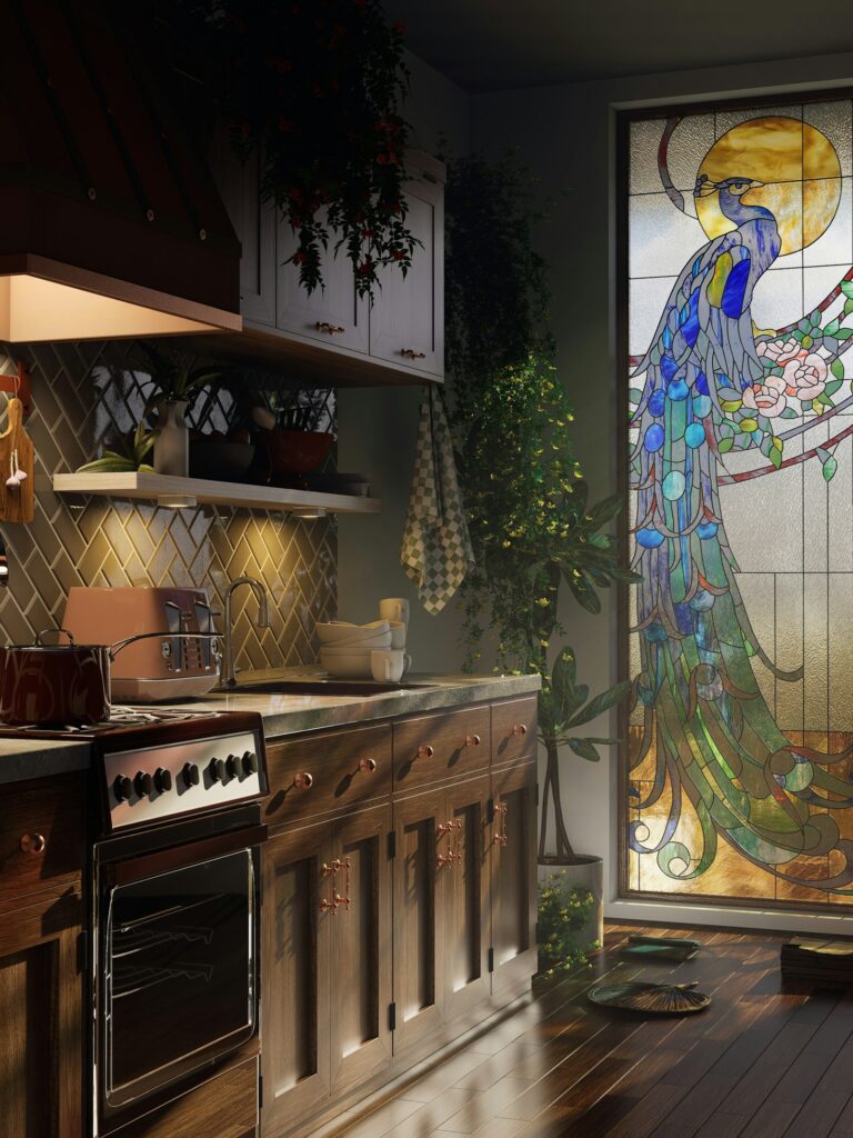 Dopamine kitchen decor with a colourful stained glass window