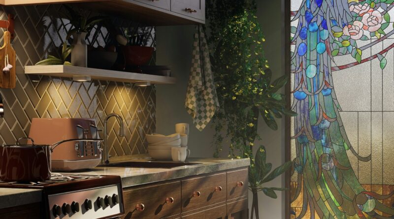 Dopamine kitchen decor with a colourful stained glass window