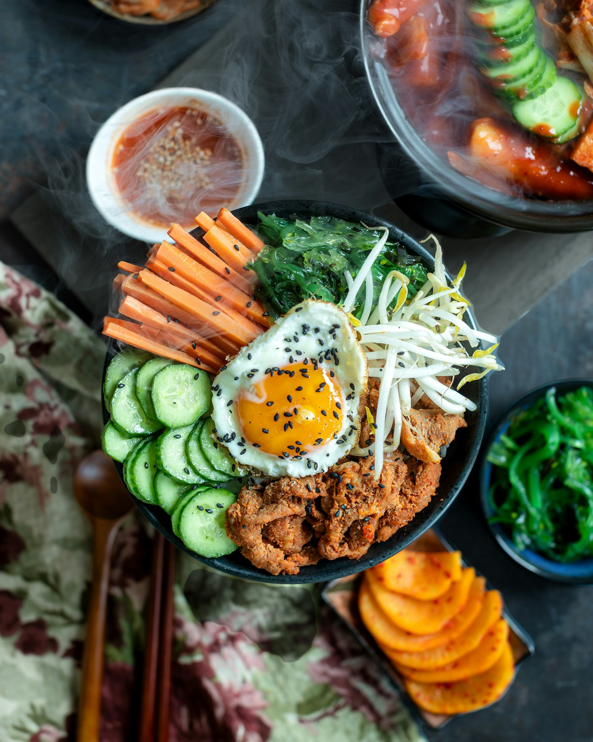 Easy Korean recipes to make at home colourful bibimbap bowl with vegetables and egg