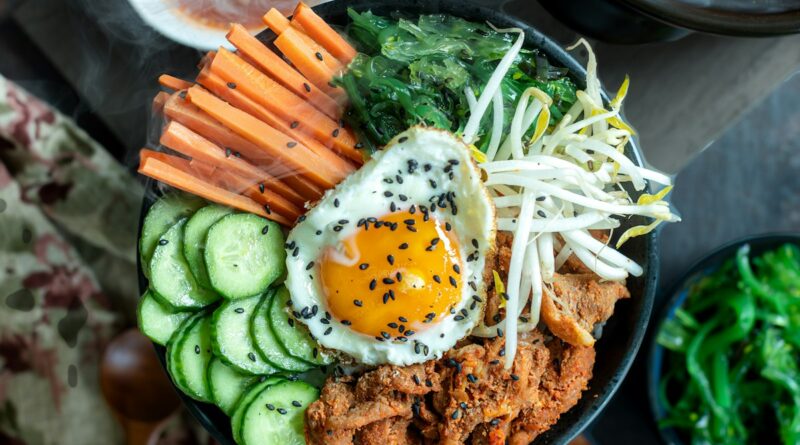 Easy Korean recipes bibimbap bowl with vegetables and egg