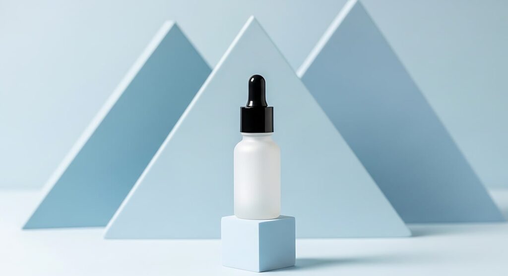 Tranexamic acid UK serum bottle on a soft blue editorial background, illustrating skincare for pigmentation