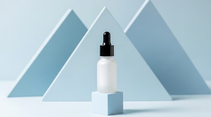 Tranexamic acid UK serum bottle on a soft blue editorial background, illustrating skincare for pigmentation