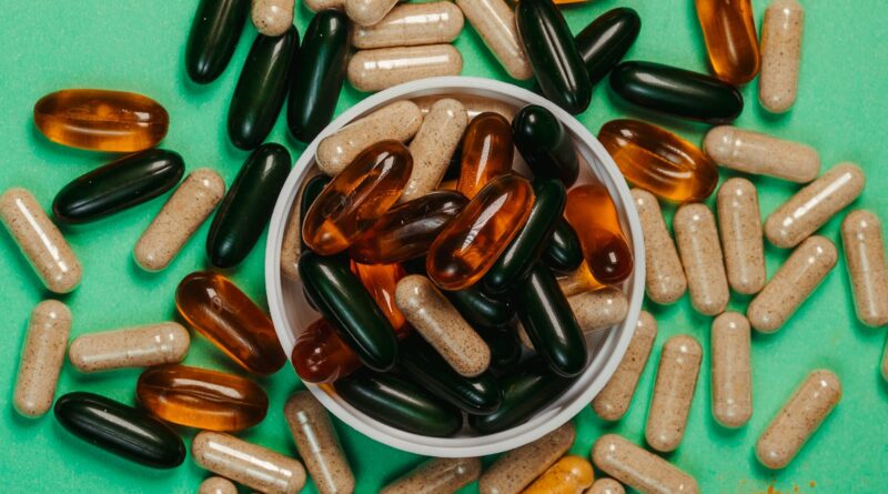 Herbal supplement capsules in a flat-lay arrangement, illustrating a berberine UK supplement piece