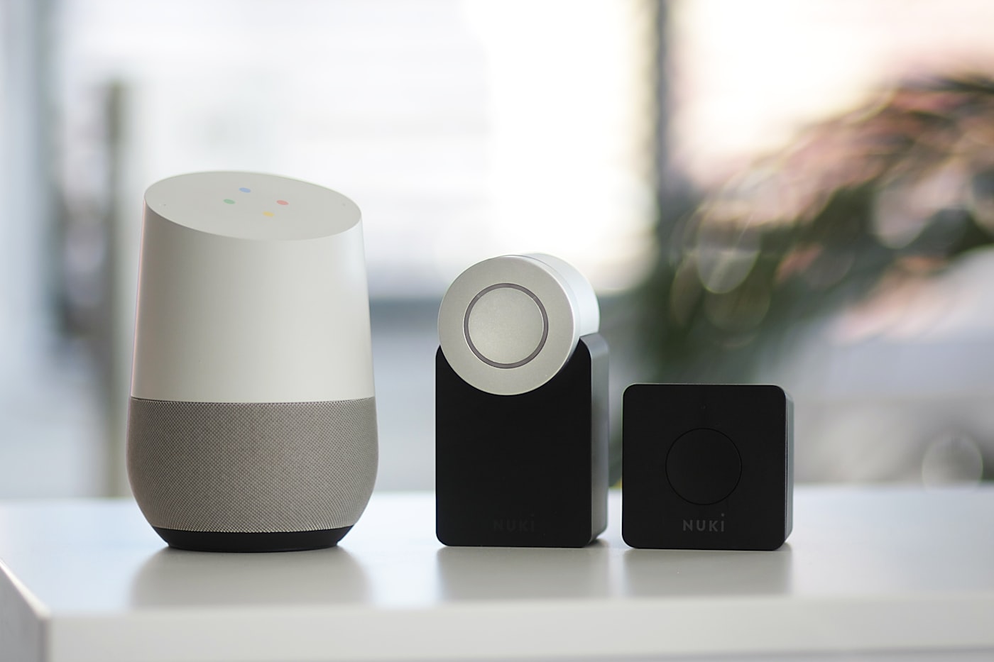 Smart speaker on a side table in a UK rental flat - the anchor device for a smart home for renters