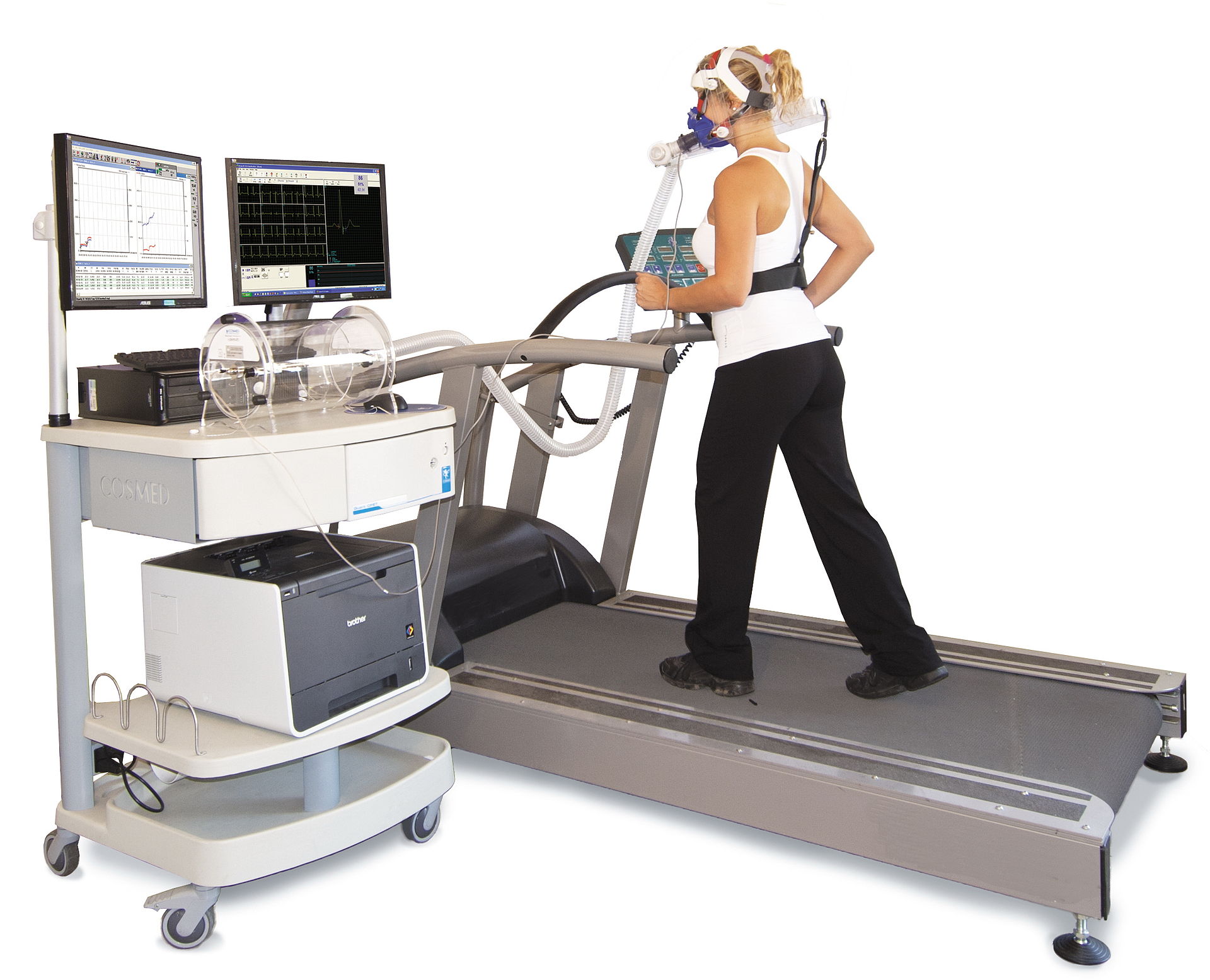 An ergospirometry laboratory set up for VO2 max testing, with treadmill and gas analysis equipment
