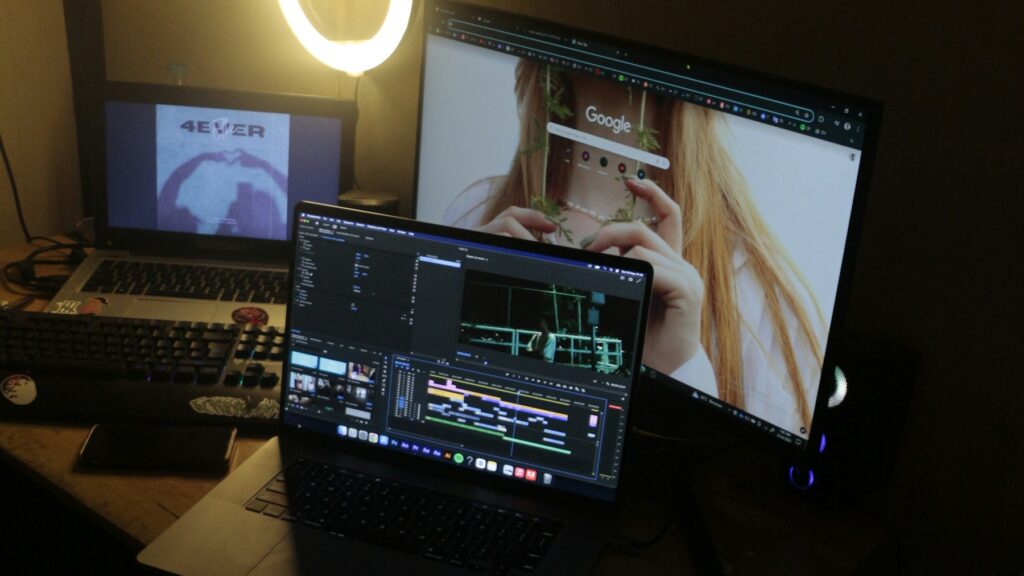 Webcam lighting on a UK home office desk with monitors, ring light and soft fill for video calls.
