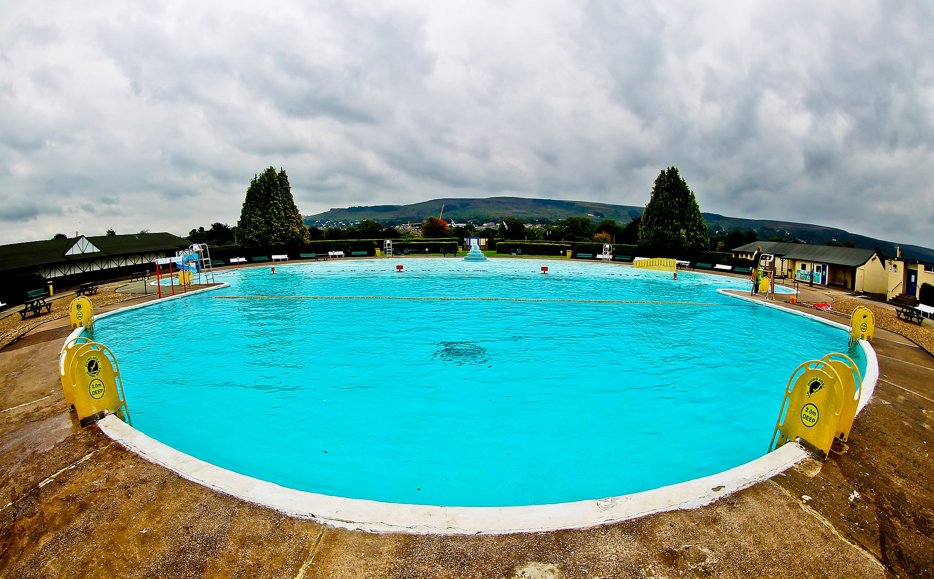Ilkley Lido's mushroom fountain and moorland backdrop in West Yorkshire