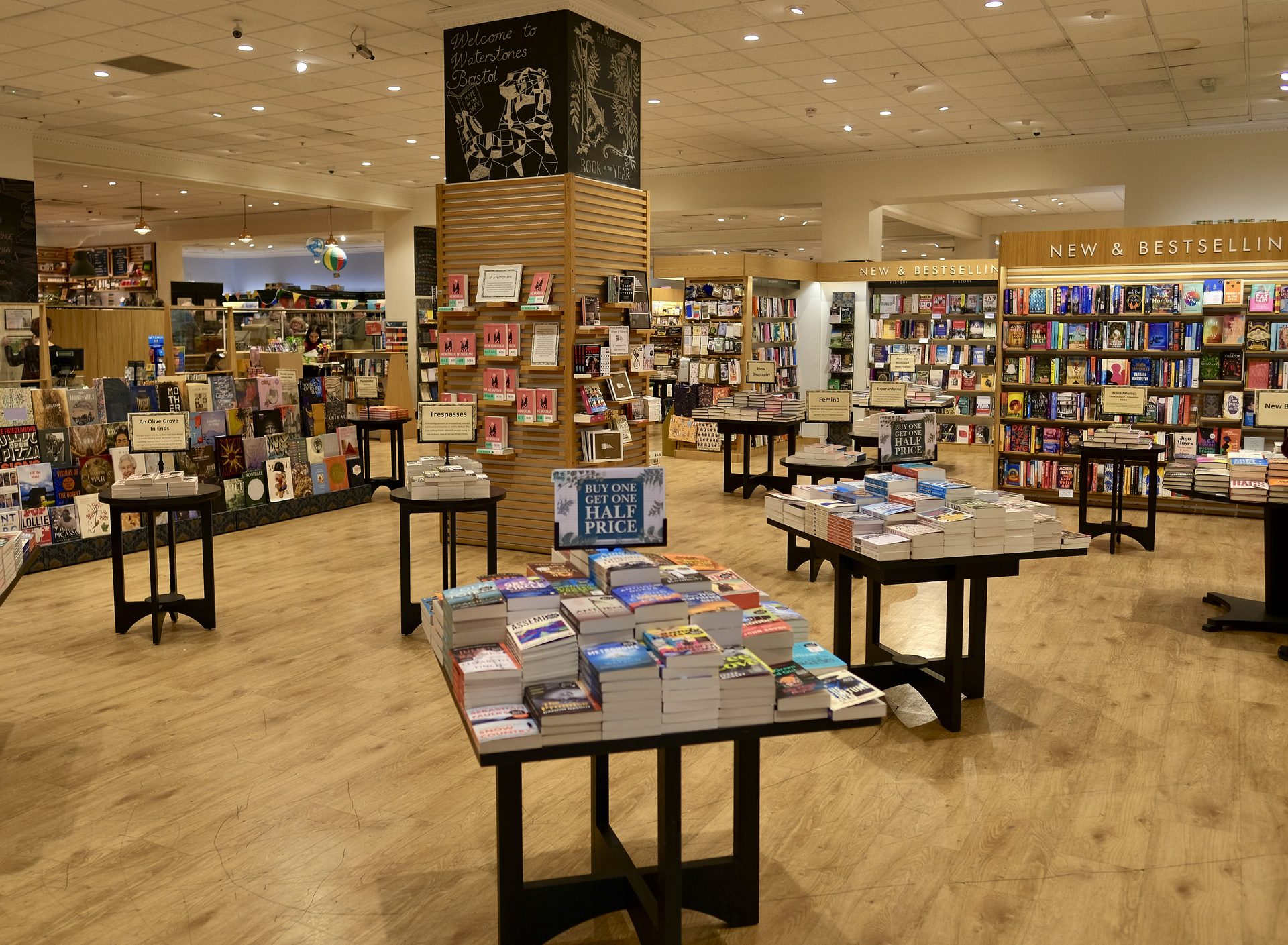 Shelves of new fiction inside a British bookshop, where the Booker Prize 2026 longlist will dominate the tables until September
