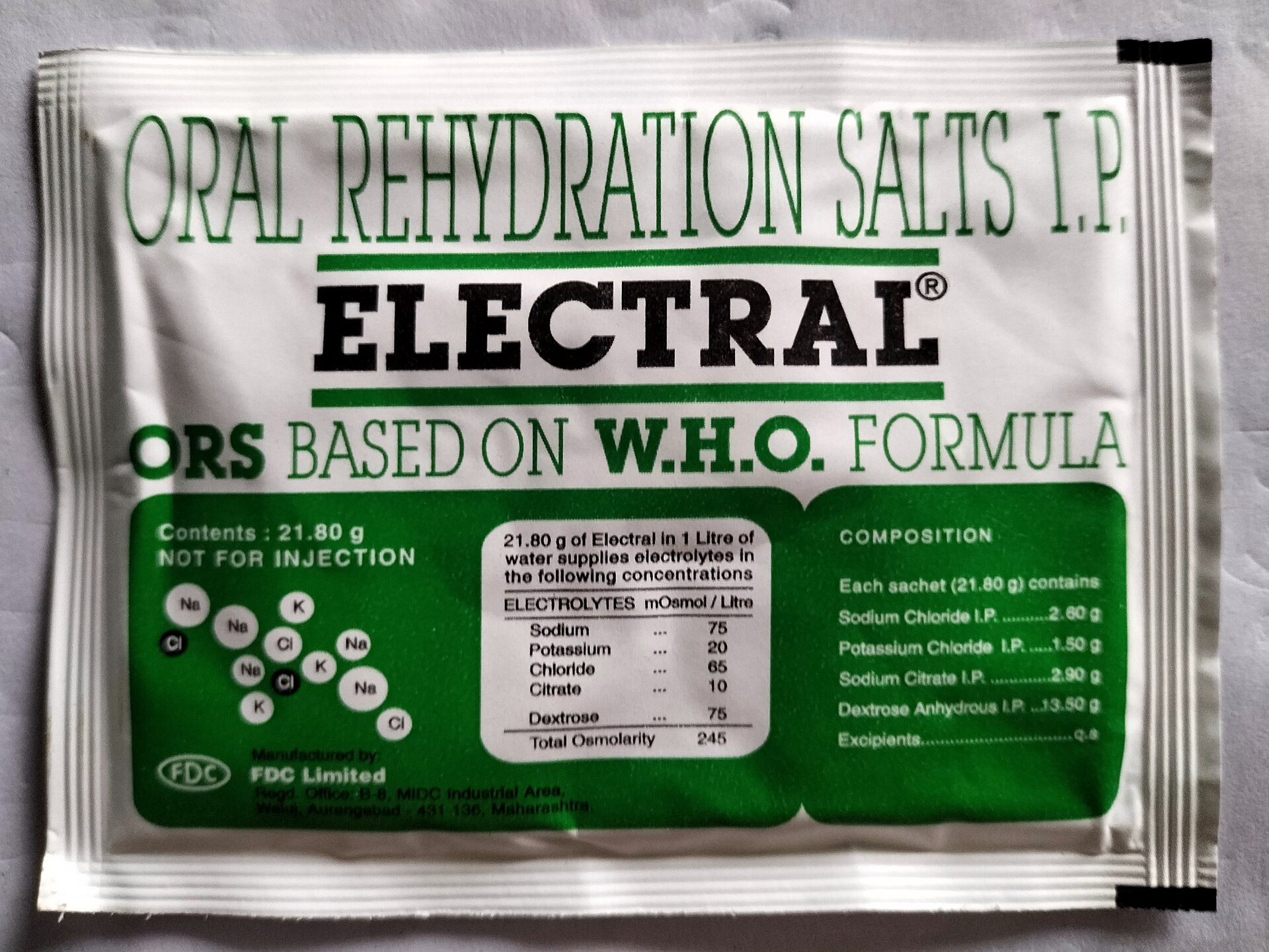 A clinical oral rehydration salts sachet of the kind sold in UK pharmacies