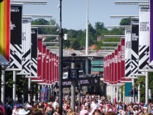 Fans filling Olympic Way ahead of a Harry Styles Wembley 2026 residency show