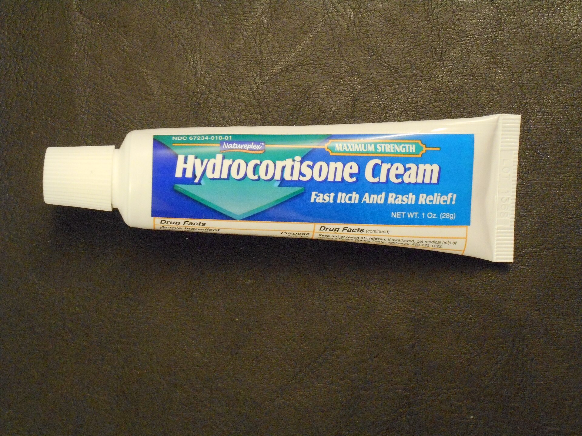 Tube of hydrocortisone cream, a common insect bite treatment in UK bathroom cabinets
