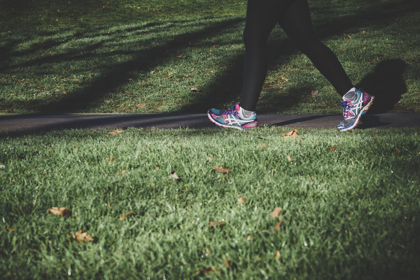 Person doing the Japanese walking method along a path between fields, mid stride