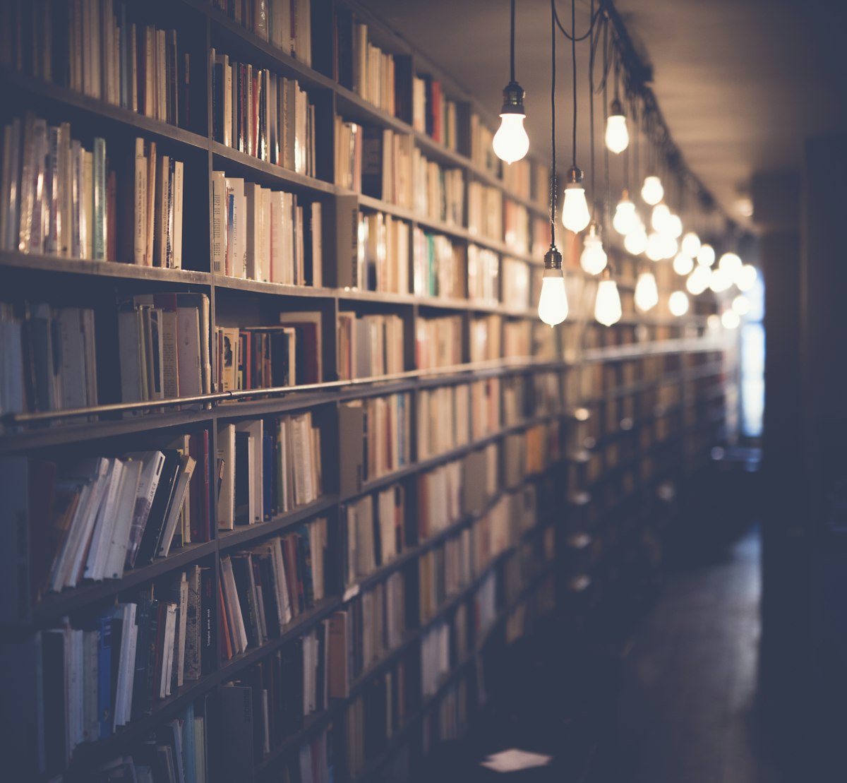 Aisle of a second-hand bookshop with warm hanging bulbs