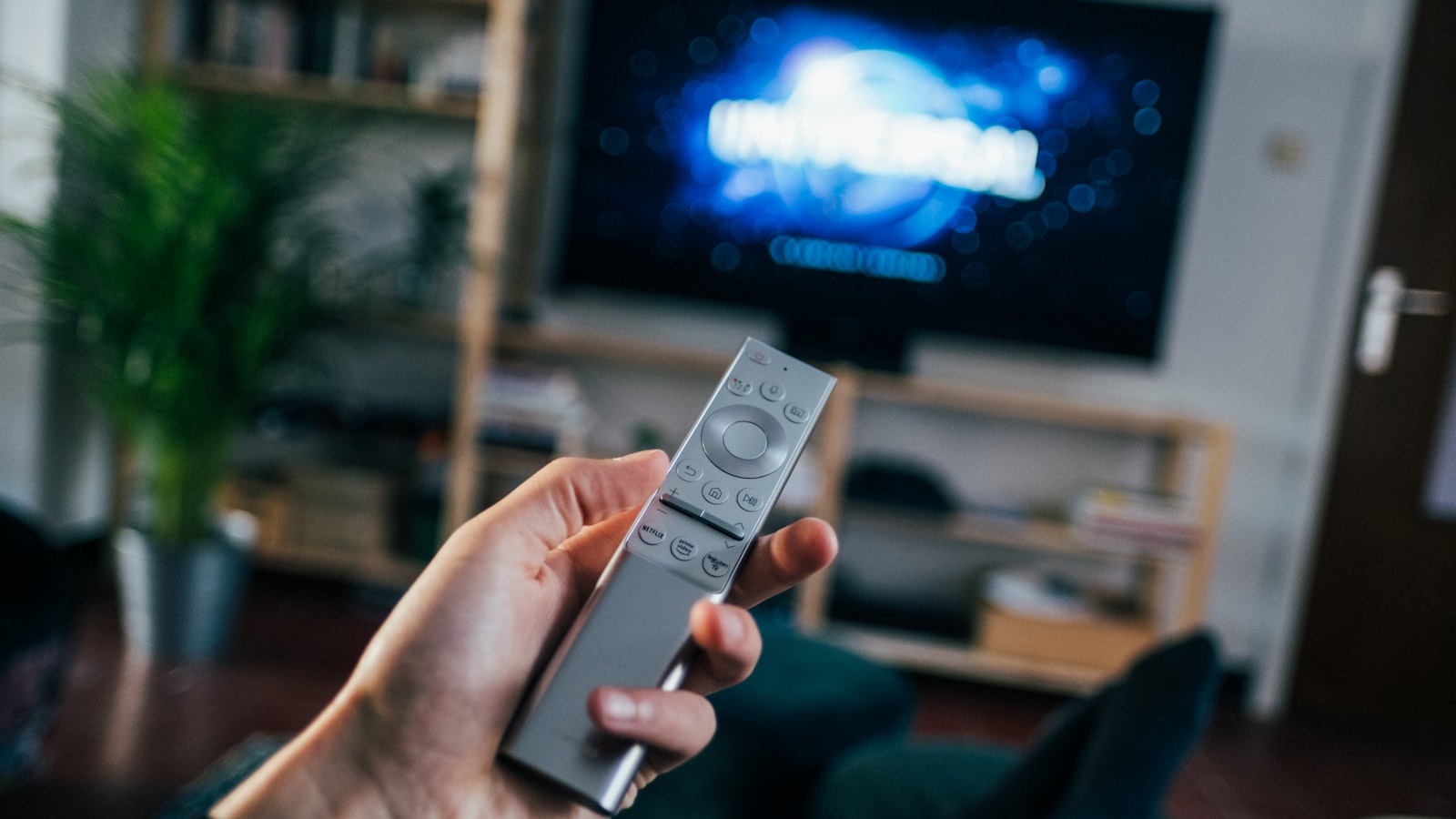 A viewer holds a TV remote in a dimly lit living room
