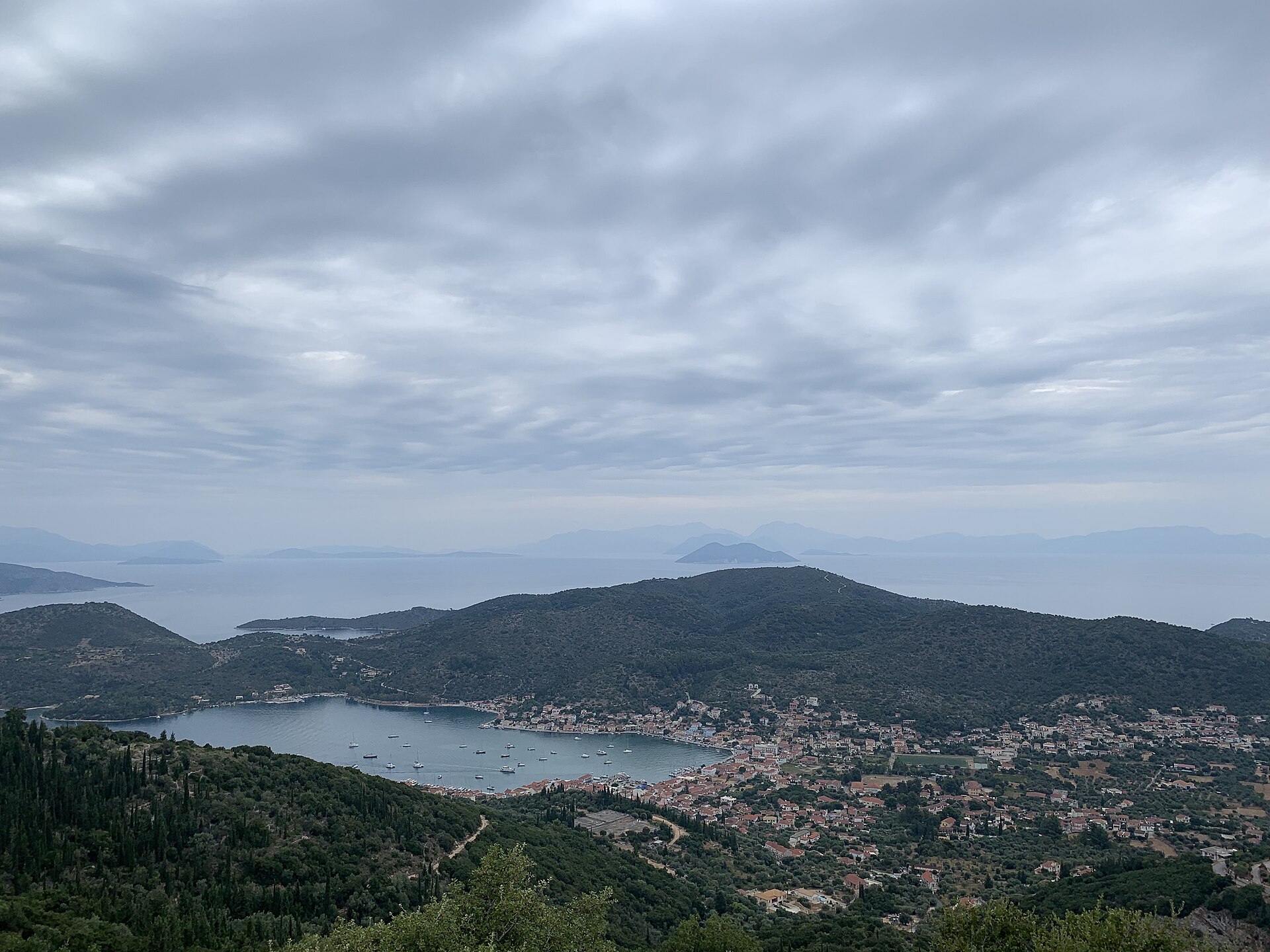 The harbour at Vathy on Ithaca, the Greek island Odysseus spends ten years trying to reach