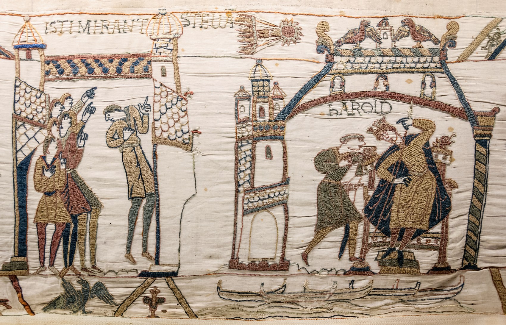Halley's Comet scene from the Bayeux Tapestry, with courtiers pointing at the star above King Harold