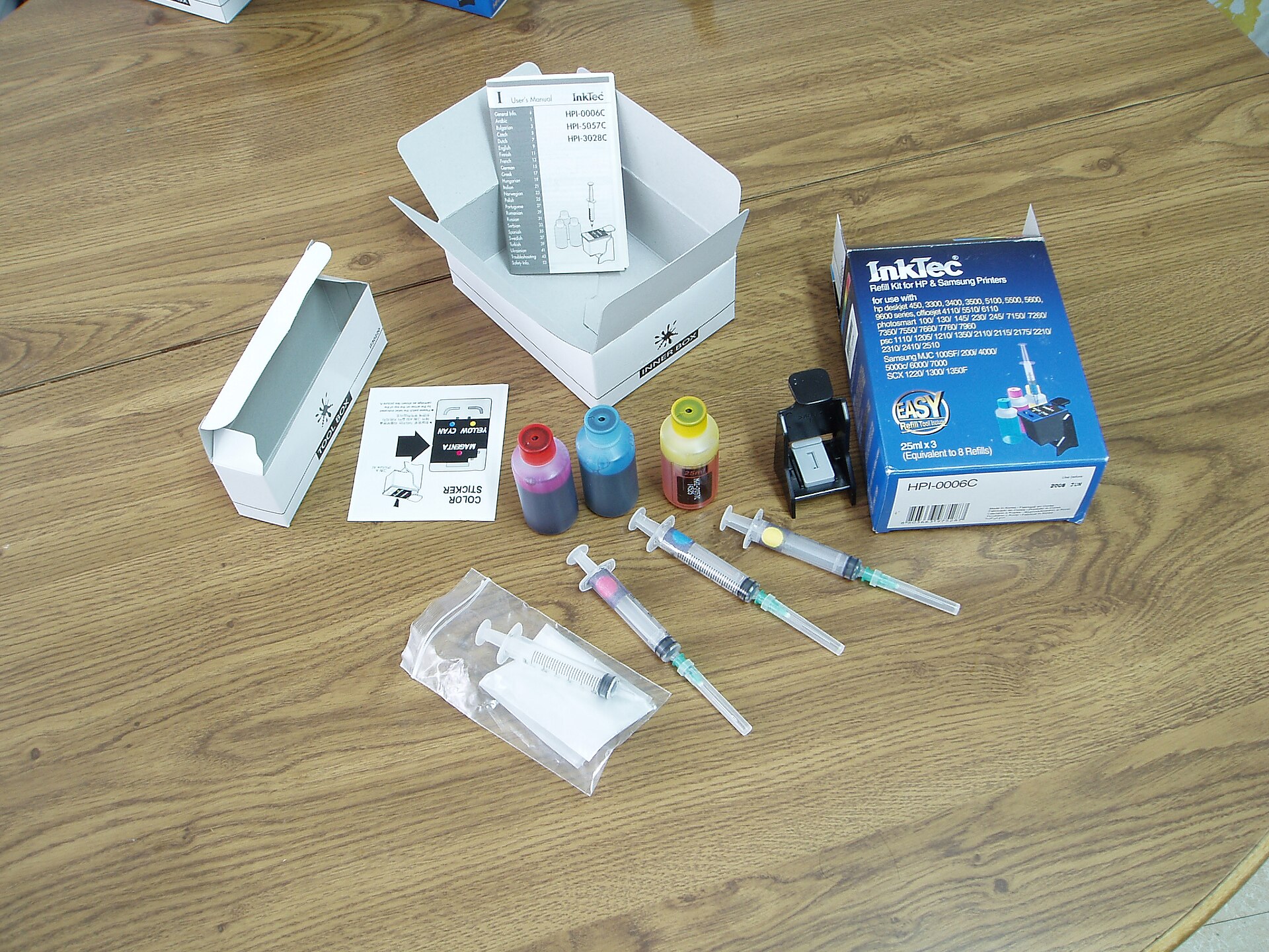 Third-party ink refill kit with bottles and syringes for inkjet cartridges