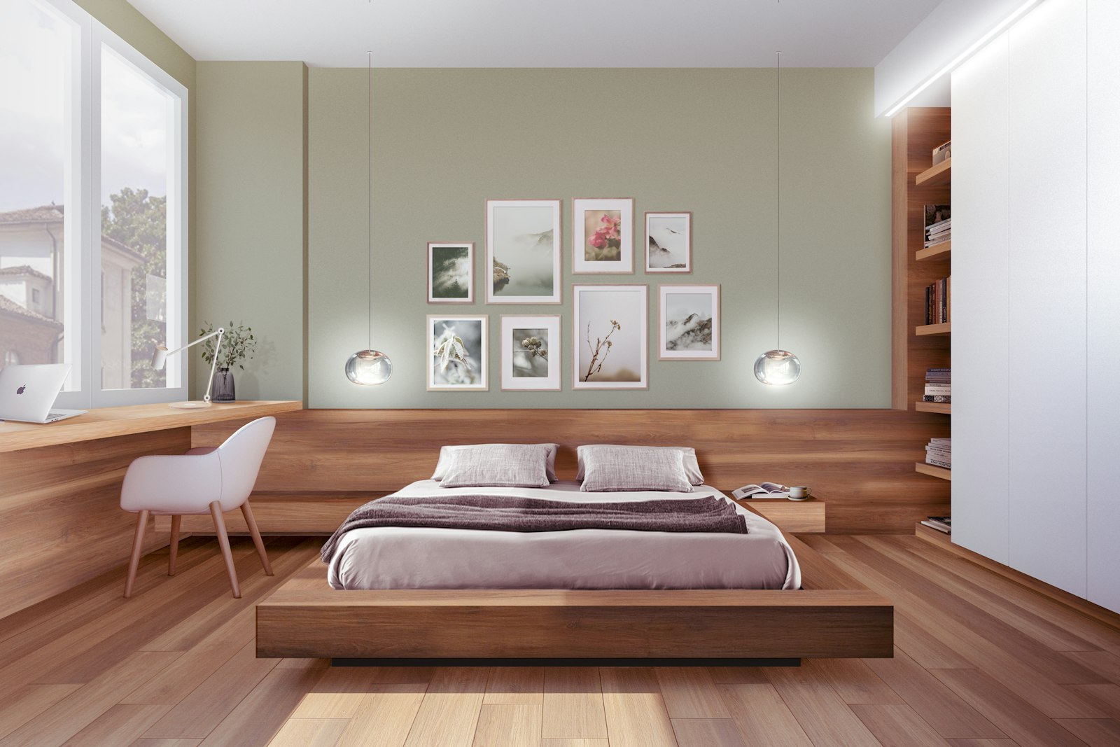 Minimal bedroom with a neatly made double bed beside a window