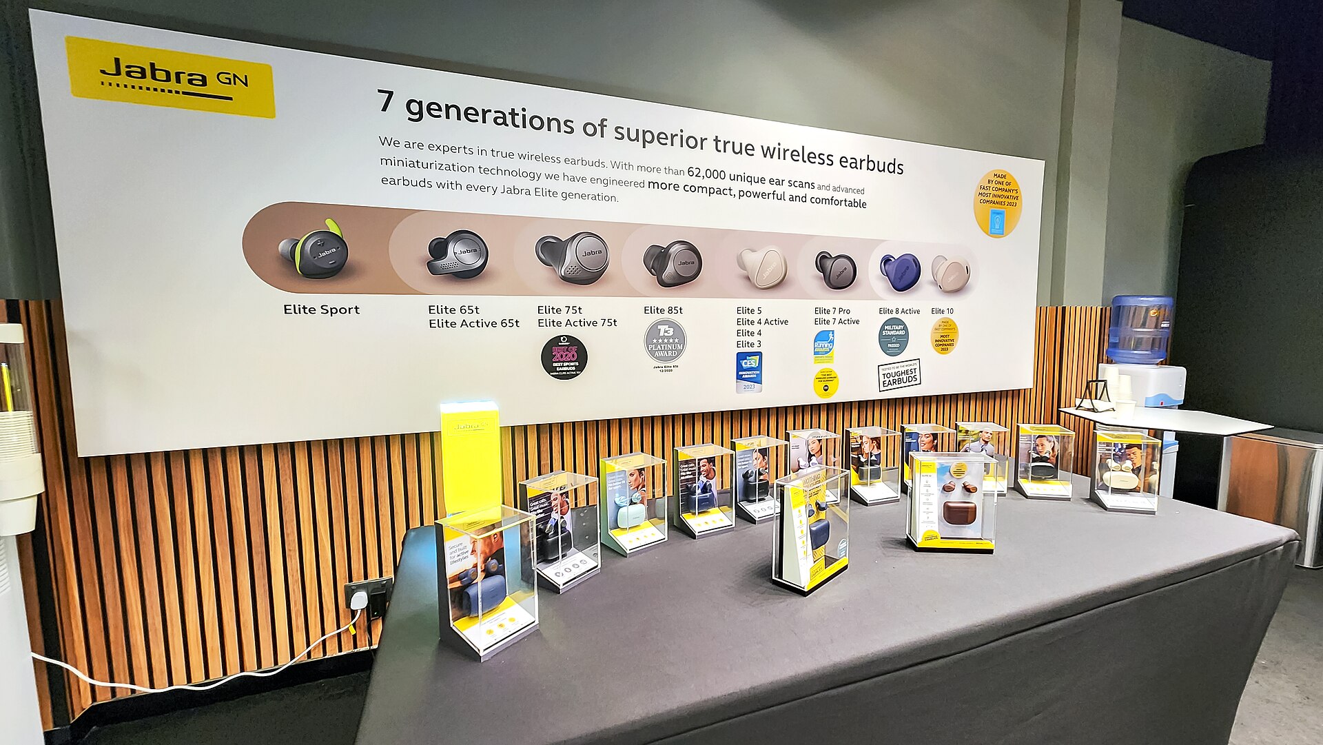 Retail display showing seven generations of Jabra true wireless earbuds