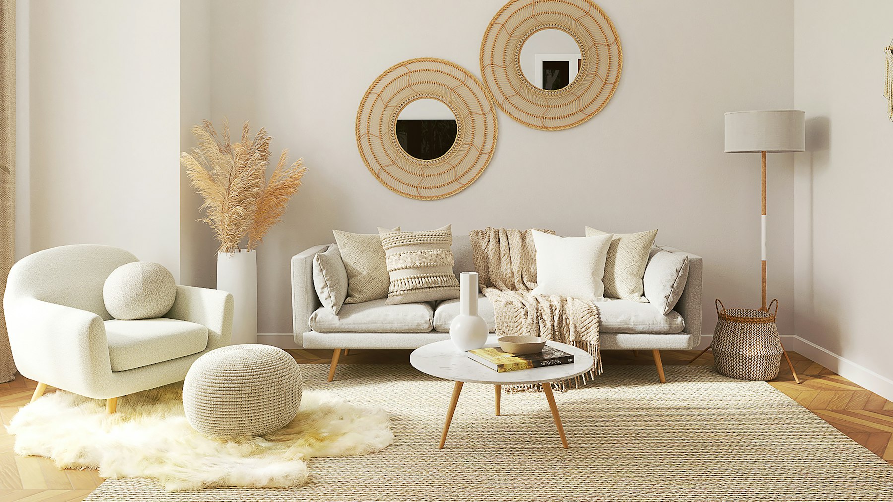 Living room furnished with older wooden furniture and a large mirror