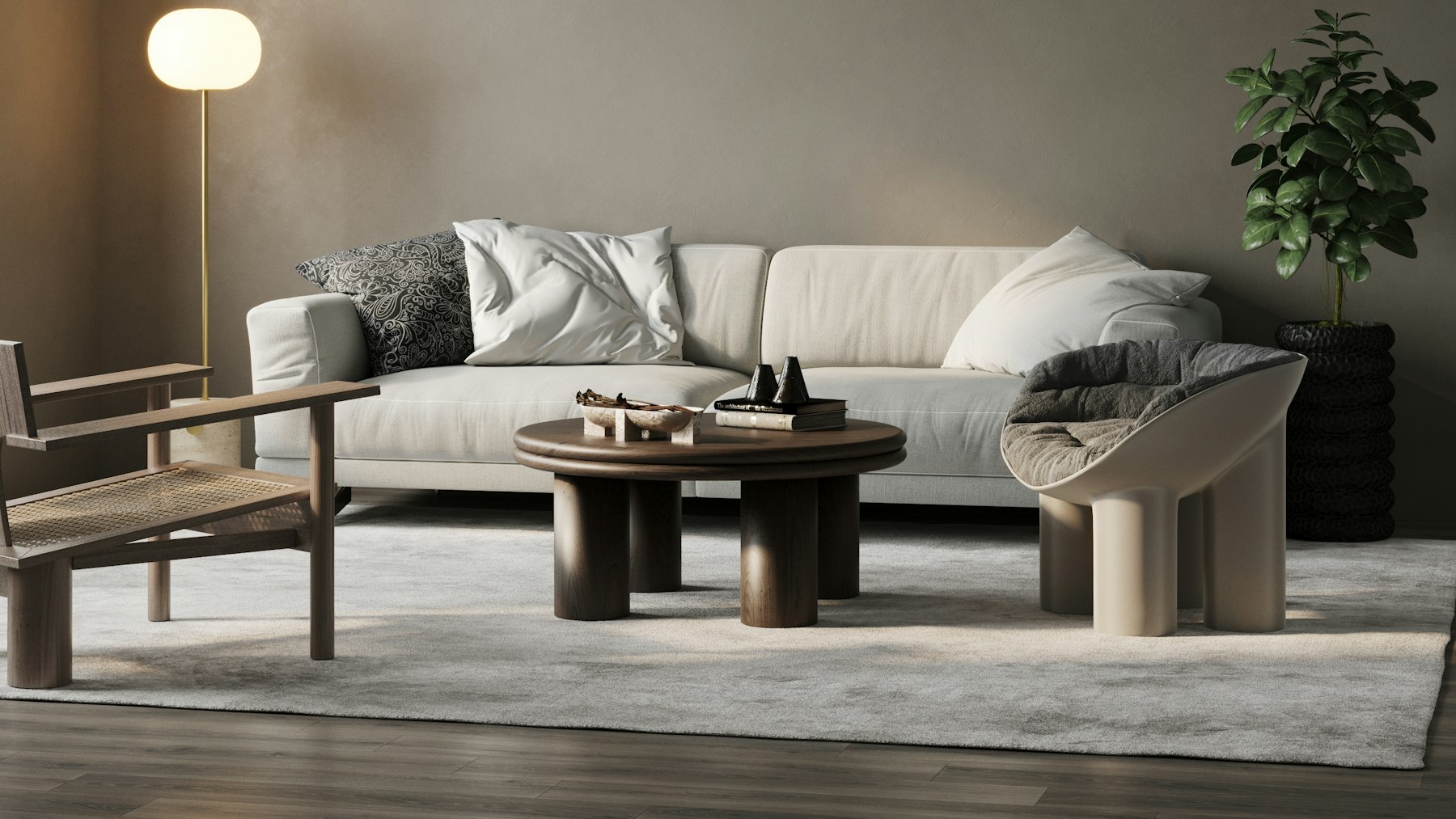 Buying antique furniture in the UK: a sitting room mixing older wooden pieces with modern seating