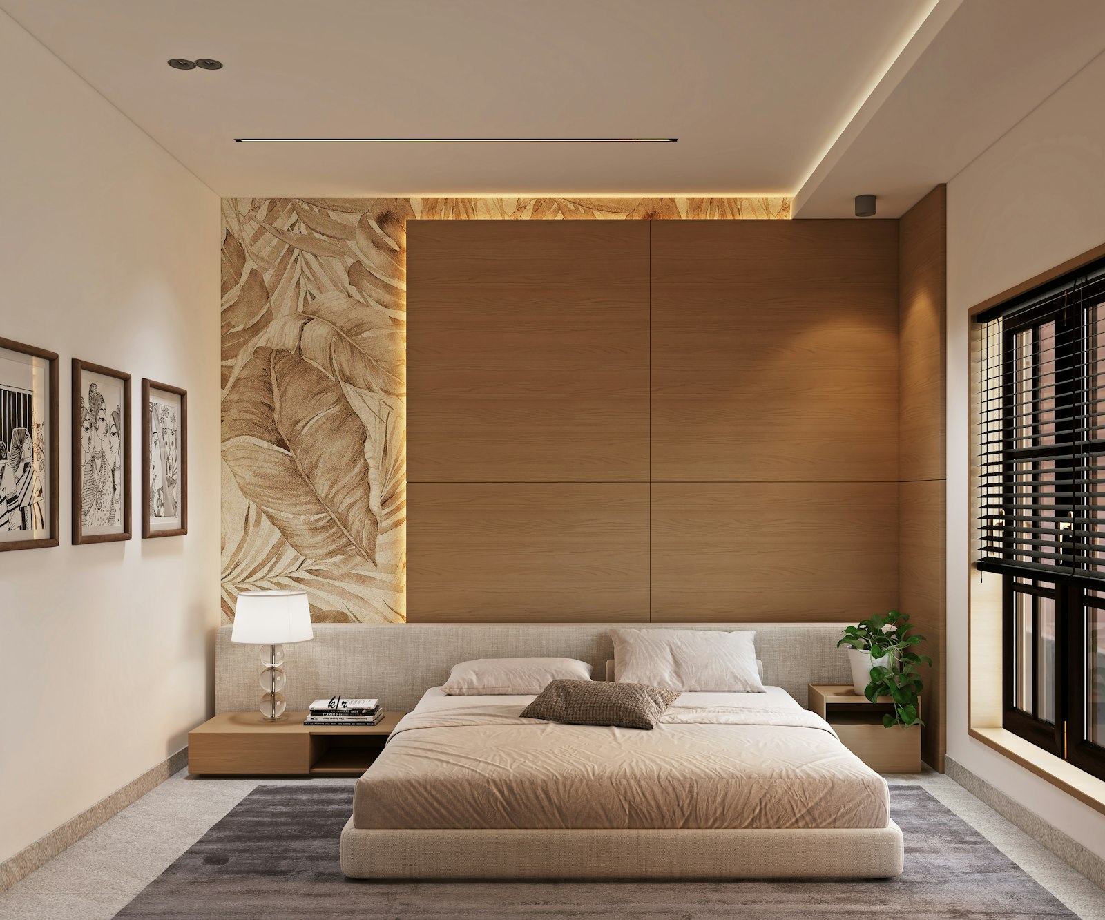 Bedroom with a soft textured feature wall behind the bed