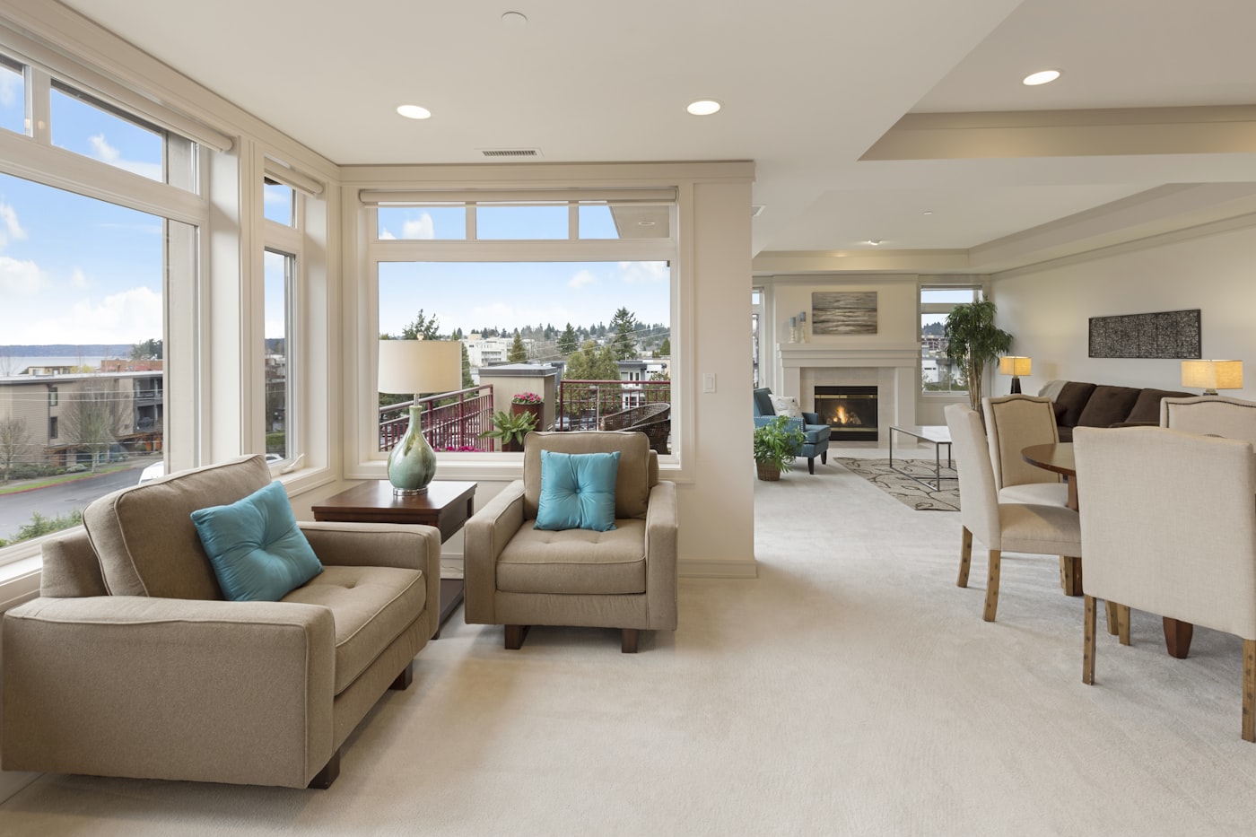 Living room lit entirely by bright ceiling lights - the big light in action