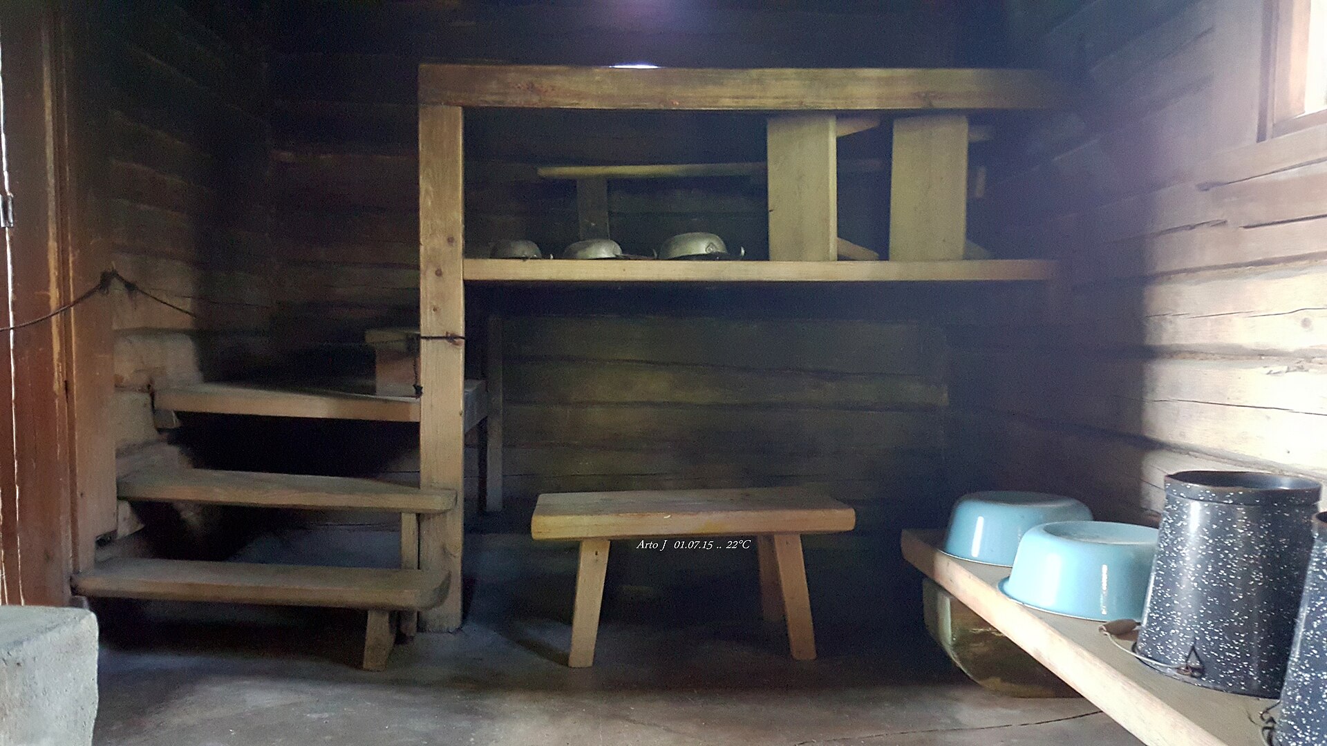 Wooden benches inside a traditional Finnish sauna, the setting where the sauna benefits data was gathered