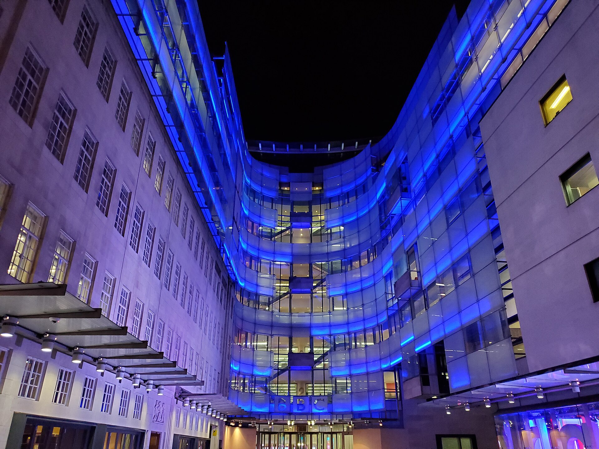 BBC Broadcasting House lit up at night, home of the companion podcasts that make video work