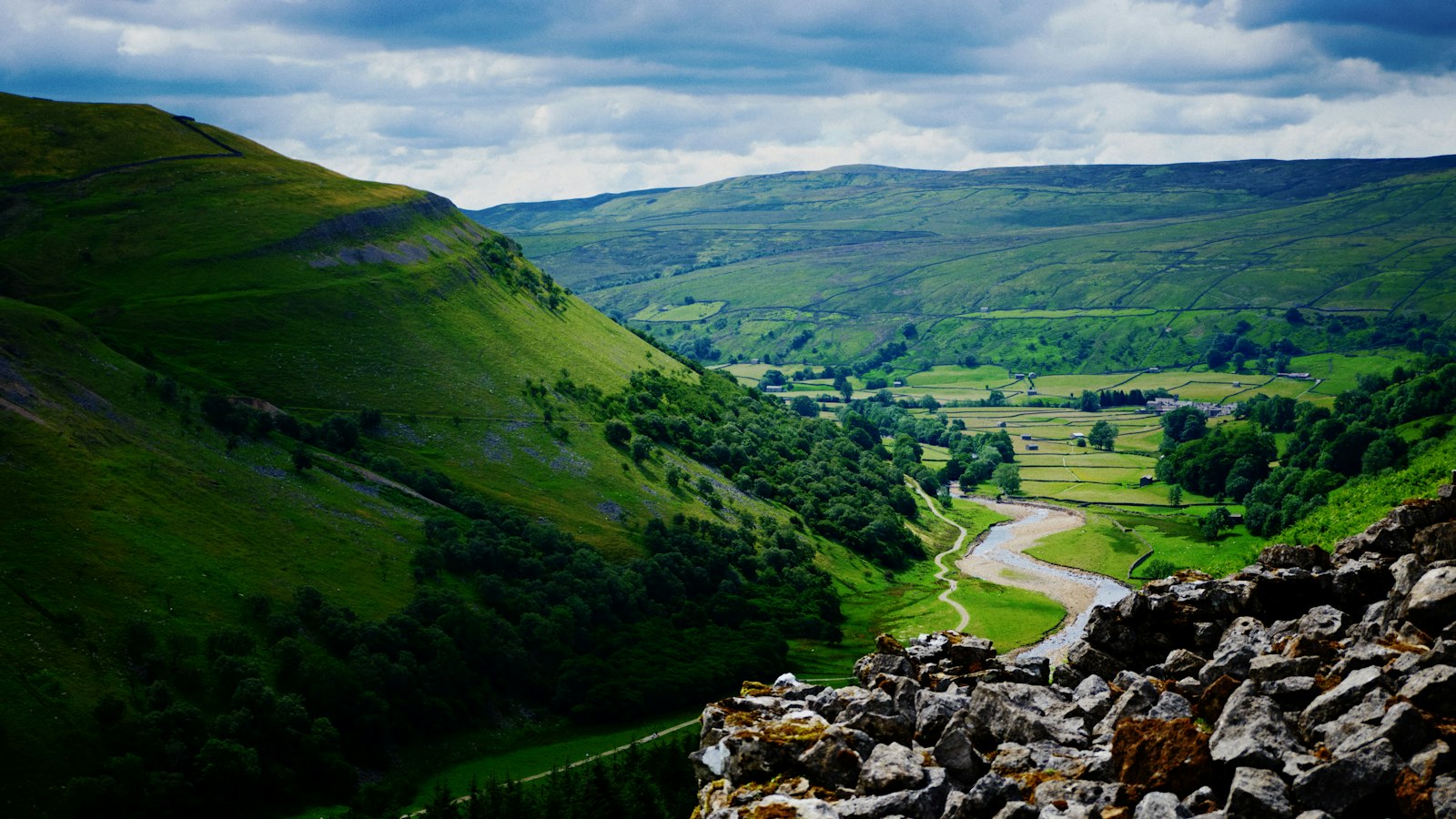 Green fields and dry stone walls in a Yorkshire Dales valley
