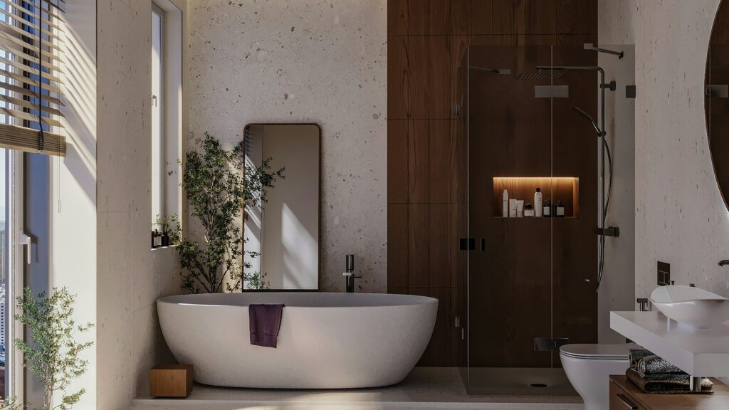 Bathroom trends 2026: warm timber panelling, a freestanding bath and soft natural light