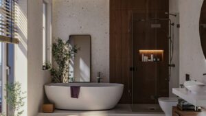 Bathroom trends 2026: warm timber panelling, a freestanding bath and soft natural light