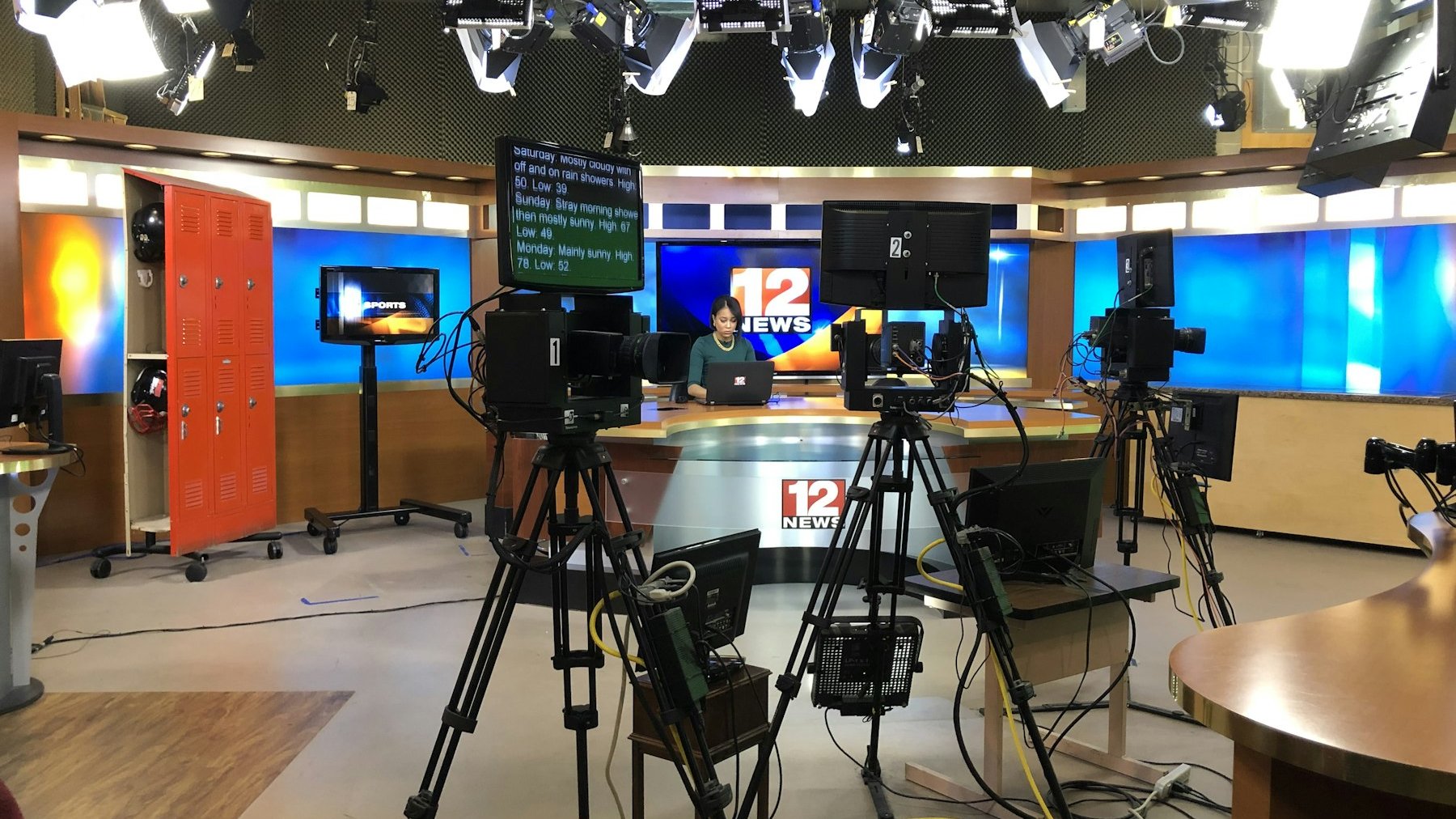 Television studio cameras and lighting rig, the kind of set-up behind the Big Brother 2026 launch on ITV2
