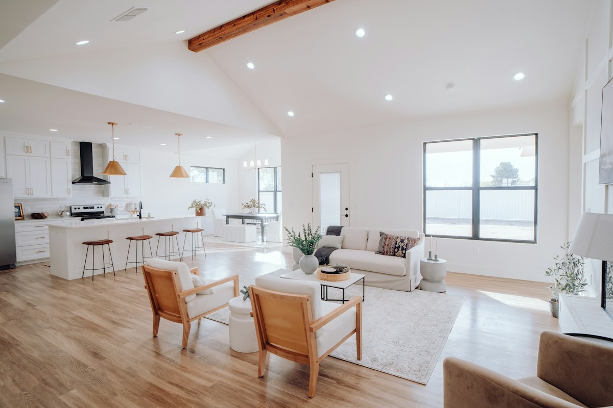 Open-plan kitchen and living area with furniture and rugs marking out separate zones