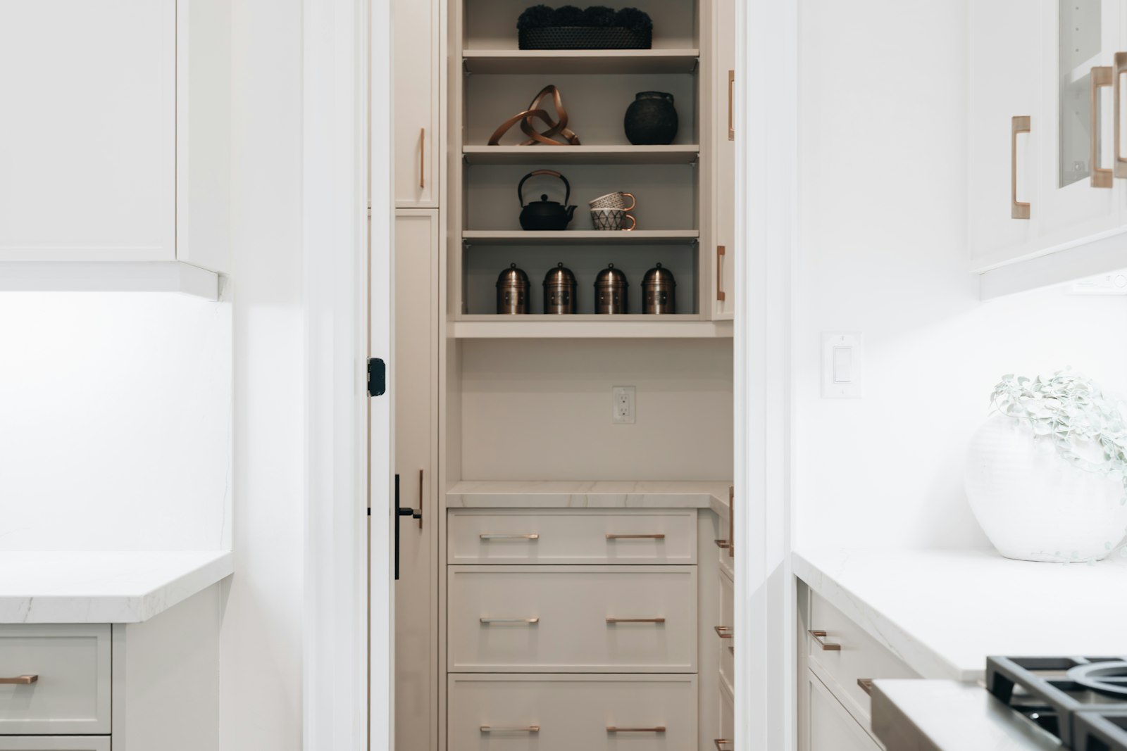 Modern kitchen pantry with open shelving and deep drawers