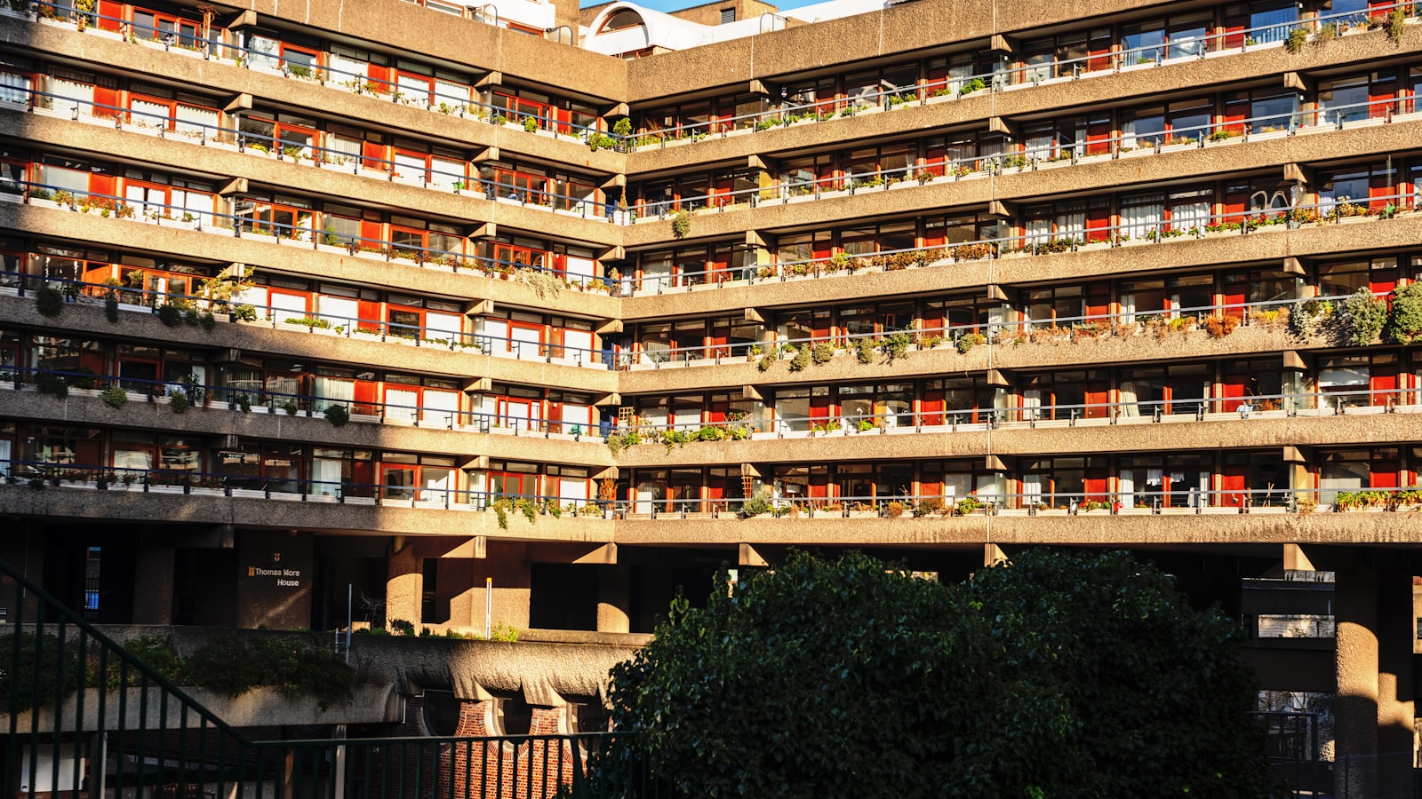 Brutalist concrete estate in sunshine, in the spirit of the Barbican that inspired the MADE collection
