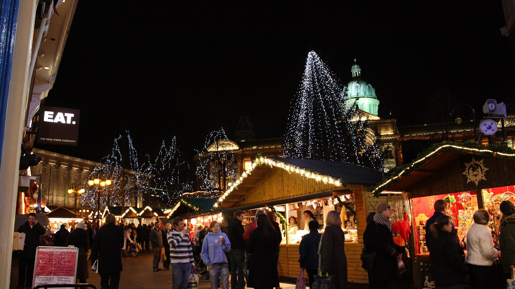 Birmingham's Frankfurt Christmas Market in Victoria Square at night, a short walk from the Utilita Arena where the UK tour opens on 27 November