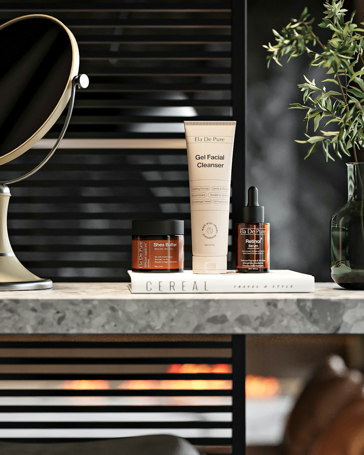 A pared-back skincare shelf: cleanser, moisturiser and a single serum