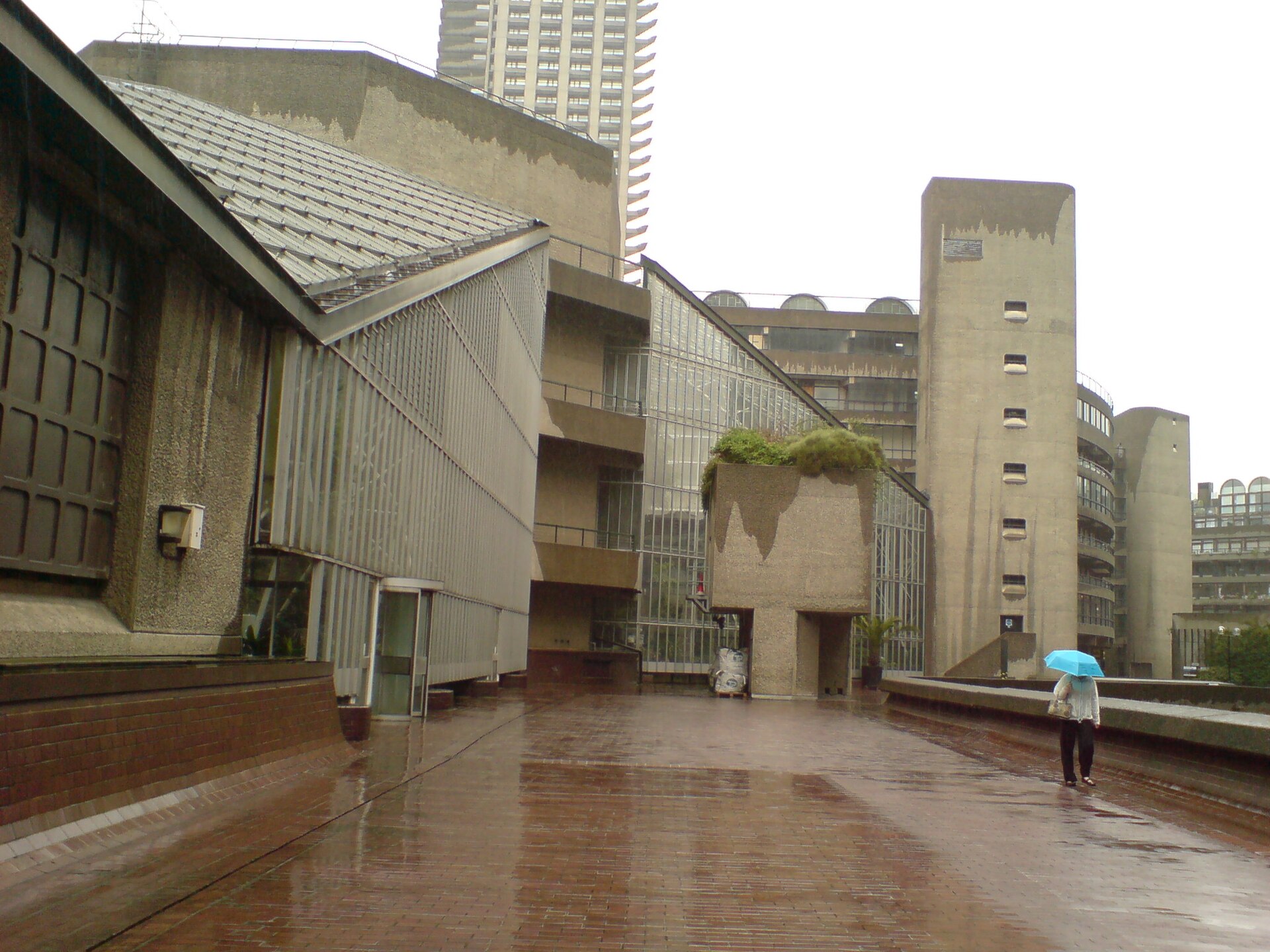 The Barbican estate in the City of London on a grey, rainy day, close to where Slough House is set