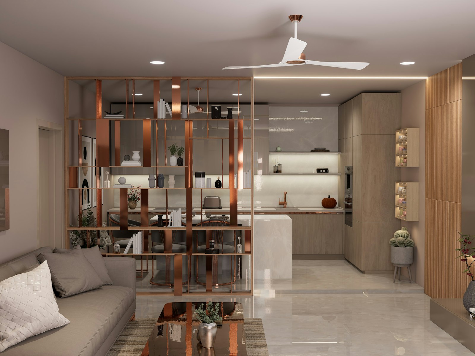An open-plan kitchen and living room divided by a partial screen, the broken-plan approach