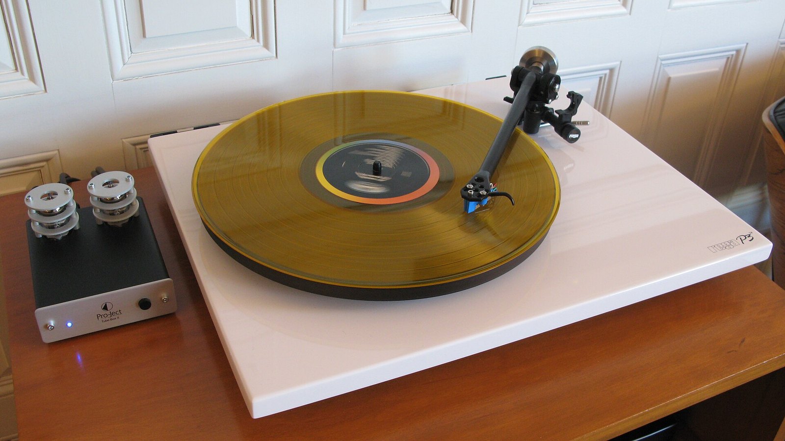 Vinyl record playing on a turntable