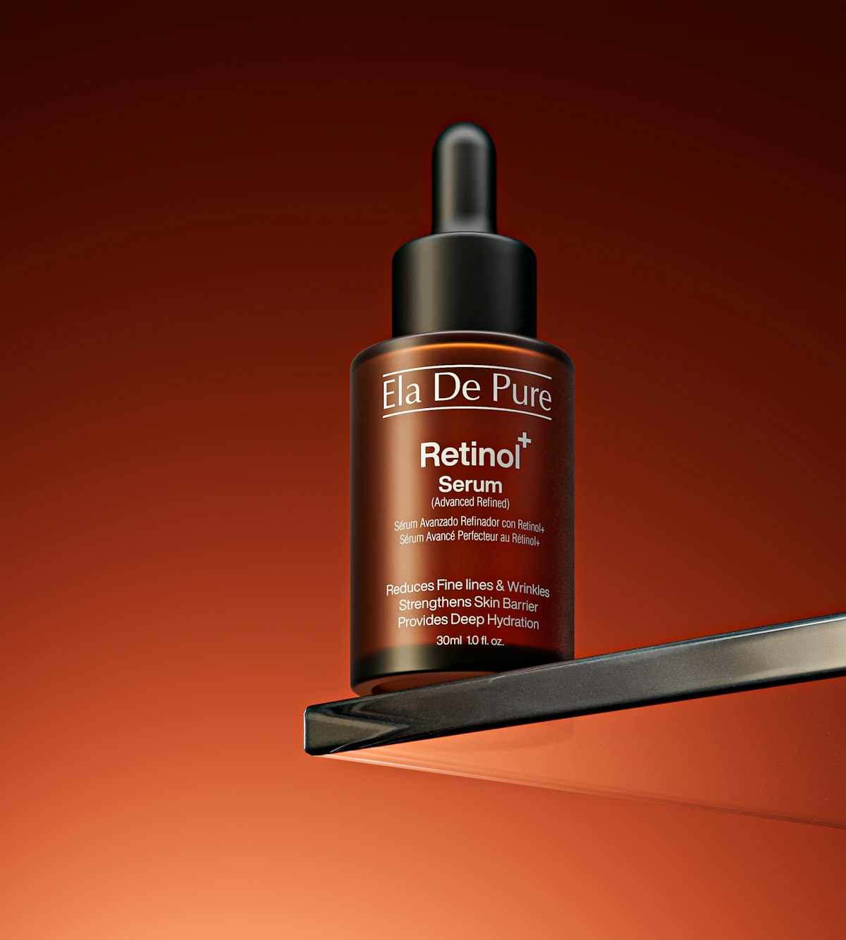 Amber glass skincare serum bottle on a bathroom shelf