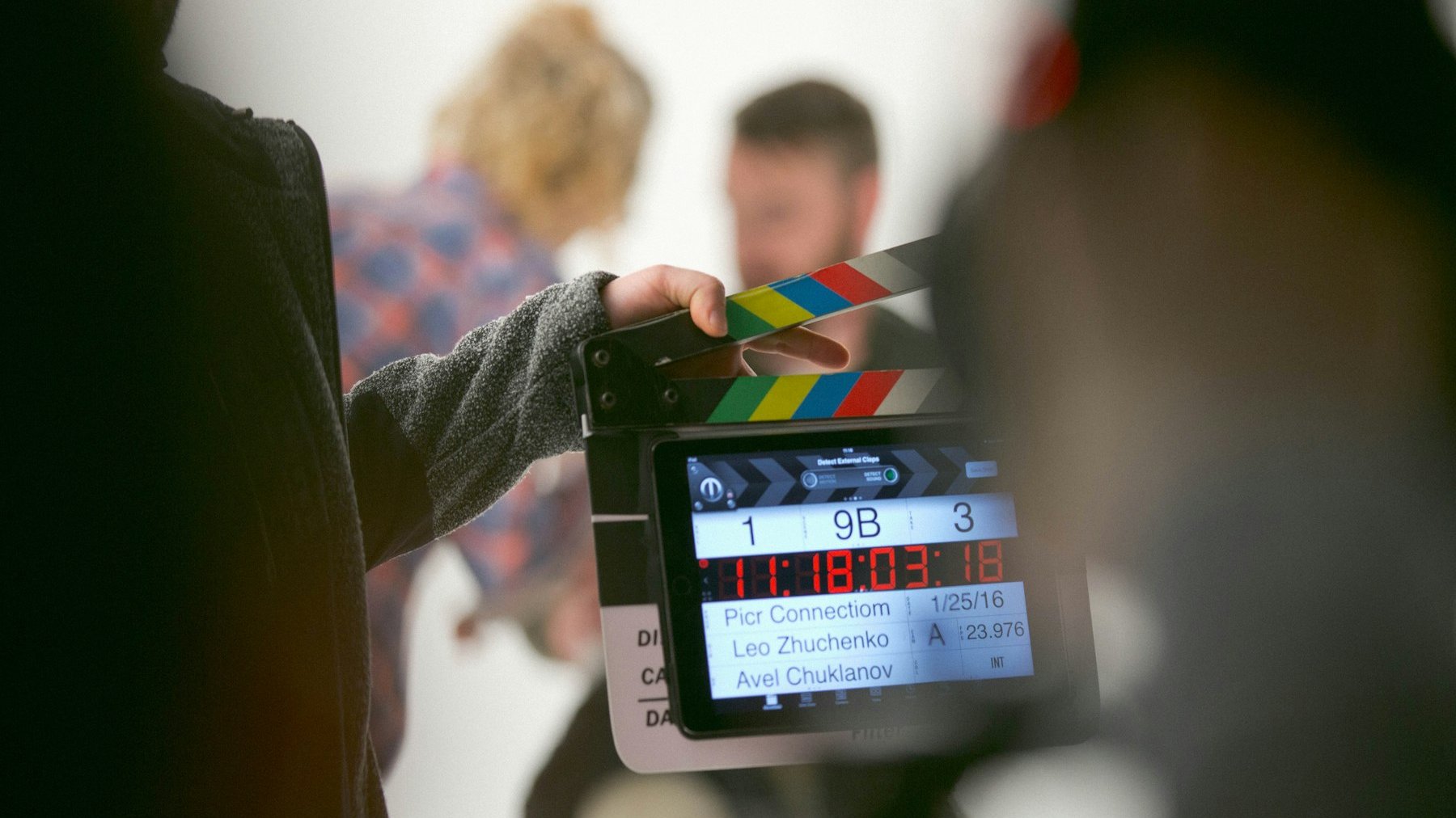 A clapperboard on a film set, representing the documentaries up for Grierson Awards