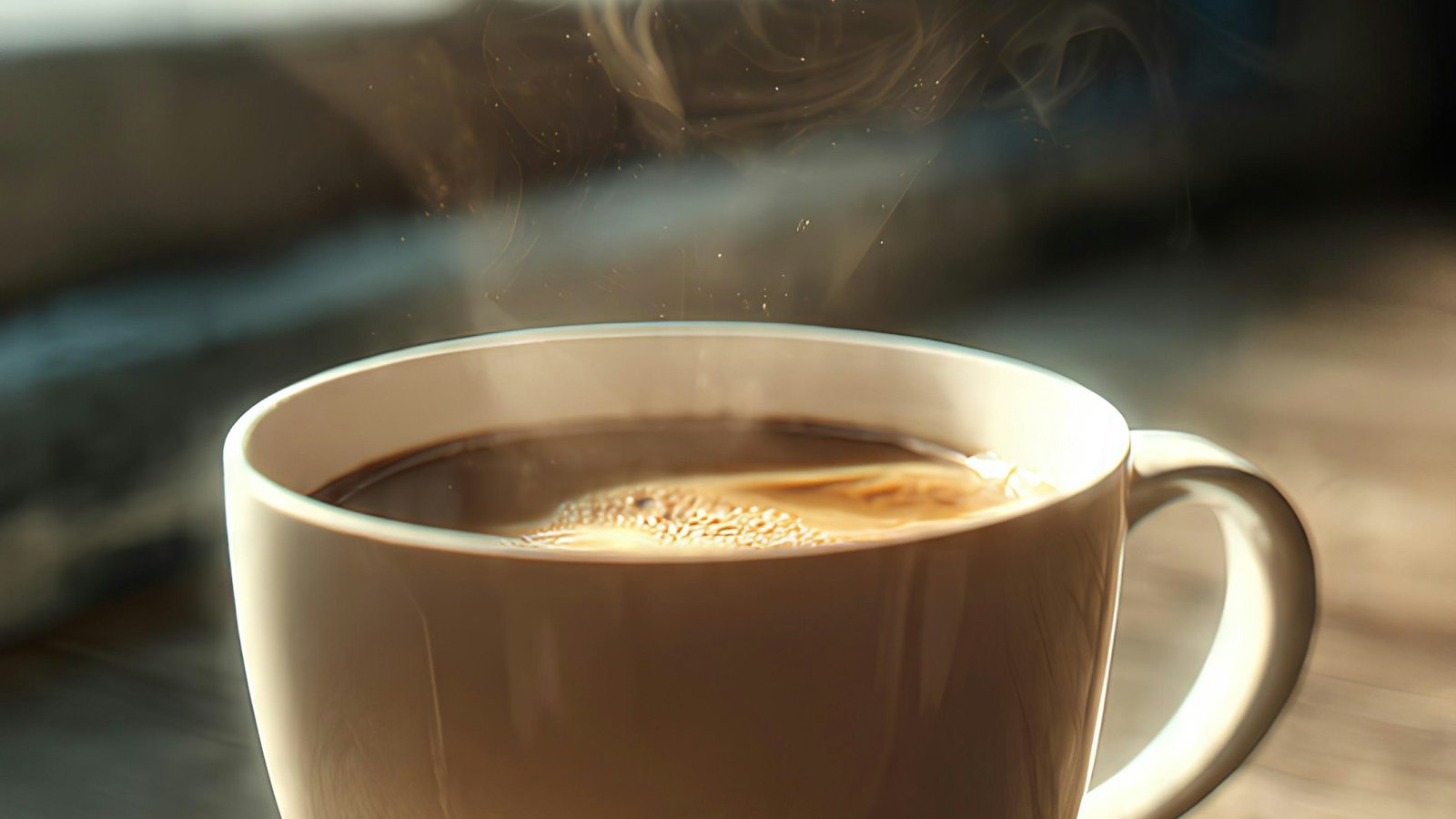 Steaming cup of coffee in warm light, the kind of cup to finish before your caffeine cut-off time