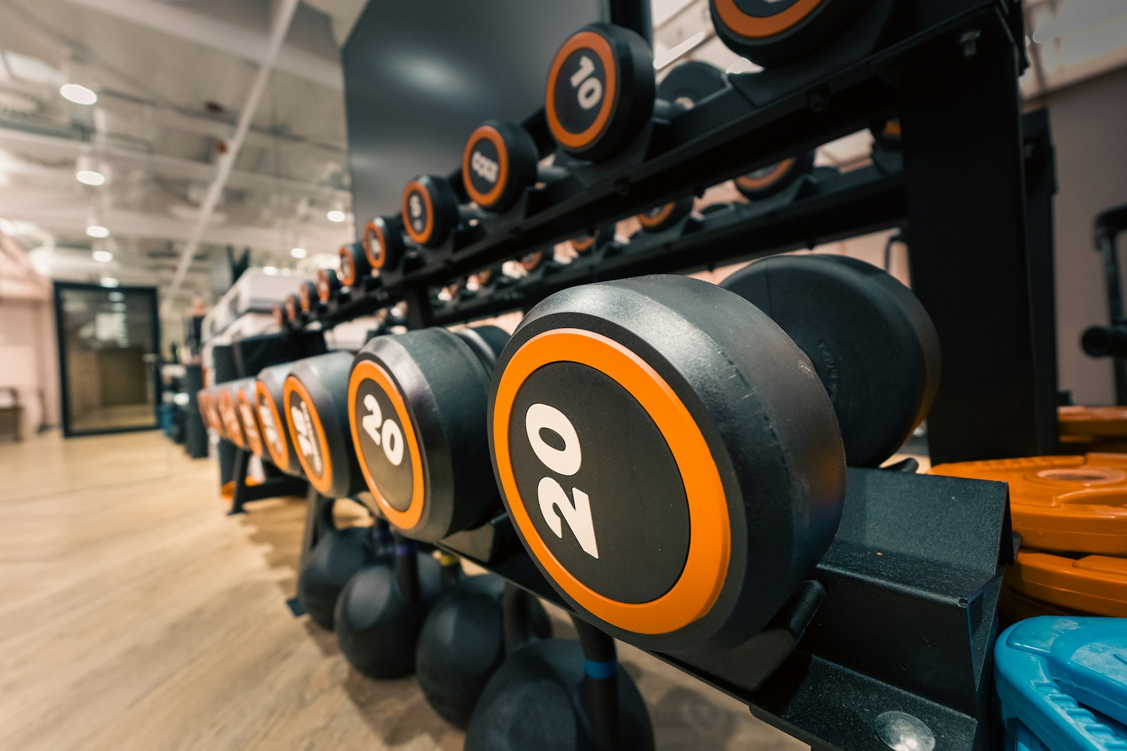 Gym dumbbells on a rack, the equipment that leaves people asking whether massage guns work for recovery