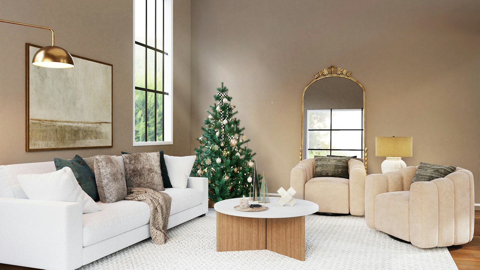 Artificial Christmas tree decorated in a neutral living room, part of the real vs artificial Christmas tree decision